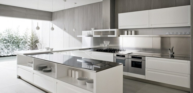 diseño cocinas blancas gabinetes blancos lamparas
