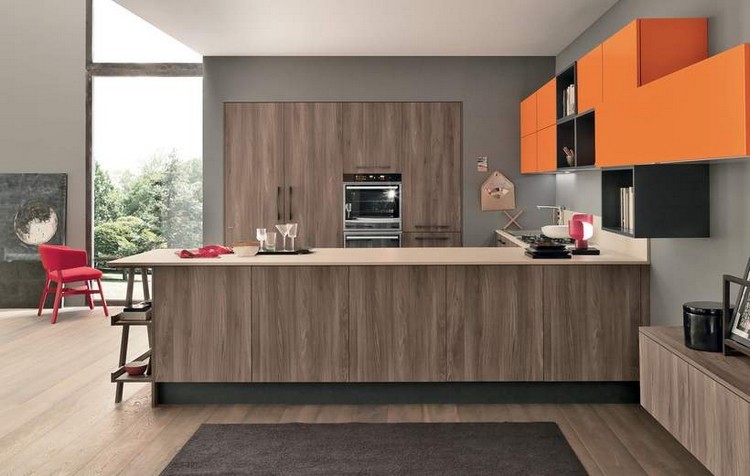 diseño de cocina con muebles laminados y de color naranja diseño madera cocina gris naranja