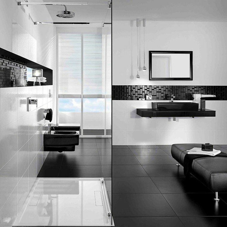 diseño baños blanco negro suelo