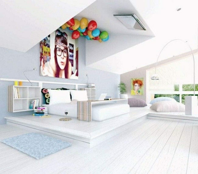 dormitorio blanco globos colores techo