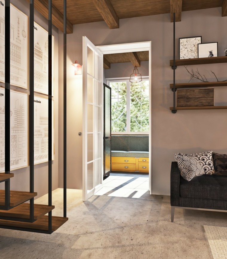 escaleras colgantes mueble amarillo puerta