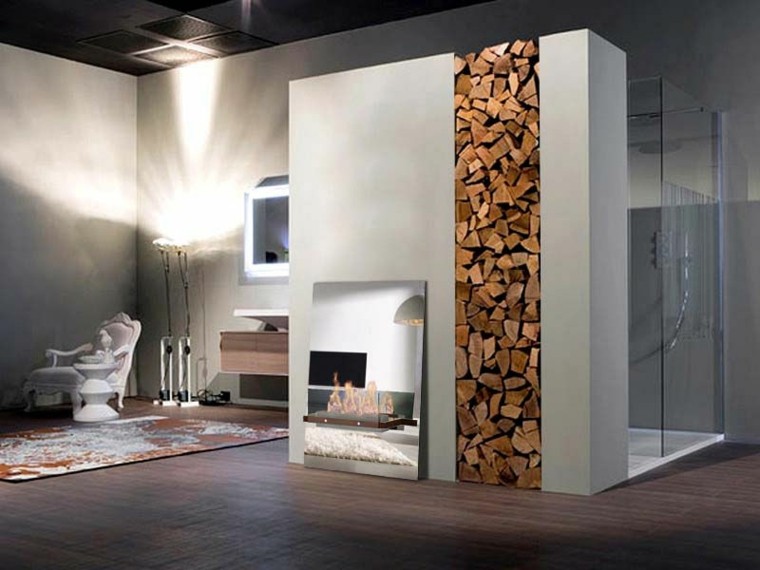 Leña, almacenamiento decorativo en 50 propuestas.