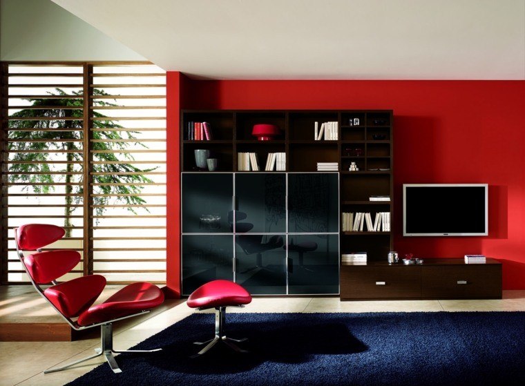 paleta de colores oscuros salon moderno pared roja ideas