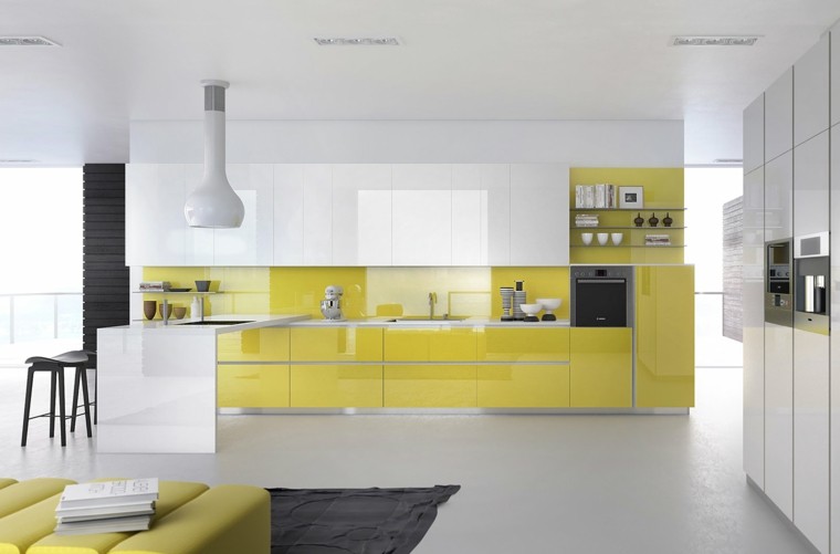 paneles cocina moderna muebles amarillo blanco ideas