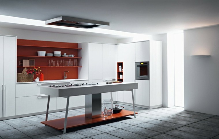pared cocina moderna estantes naranja ideas