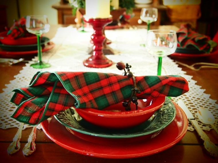 decoración navideña con motivo irlandés plato rojo servilletas cuadros verdes