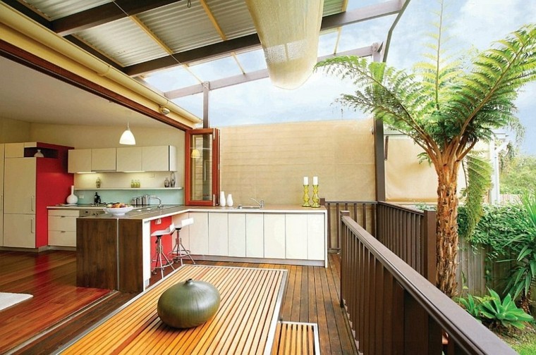 cocina en blanco y rojo en la terraza moderna refugio perfecto verano cocina exterior terraza barra ideas
