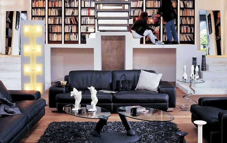 salon sofa negra figuras decorativas mesa cafe ideas