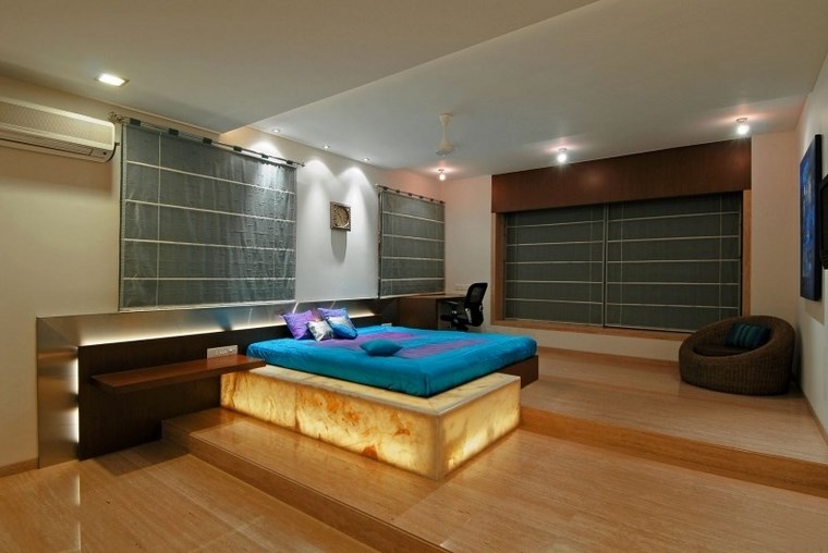 azulejos travertino suelo pared casa moderna cama iluminacion ideas