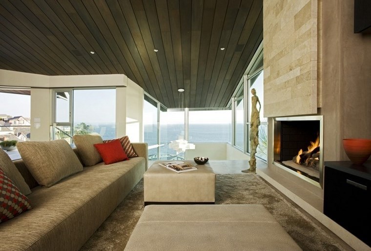 azulejo travertino suelo pared casa moderna salon amplio chimenea ideas
