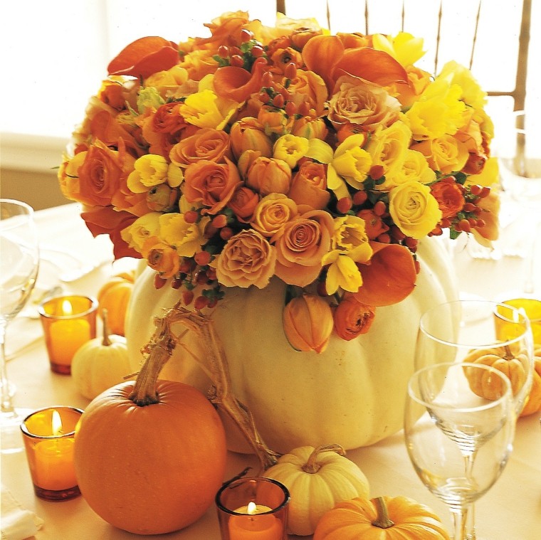 centro mesa calabaza grande rosas naranja ideas