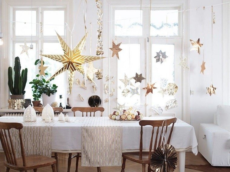 color blanco oro adornos elegantes casa navidad estrellas colgando techo ideas