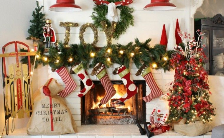 decoracion navideña chimenea preciosa guirnaldas lazos ideas