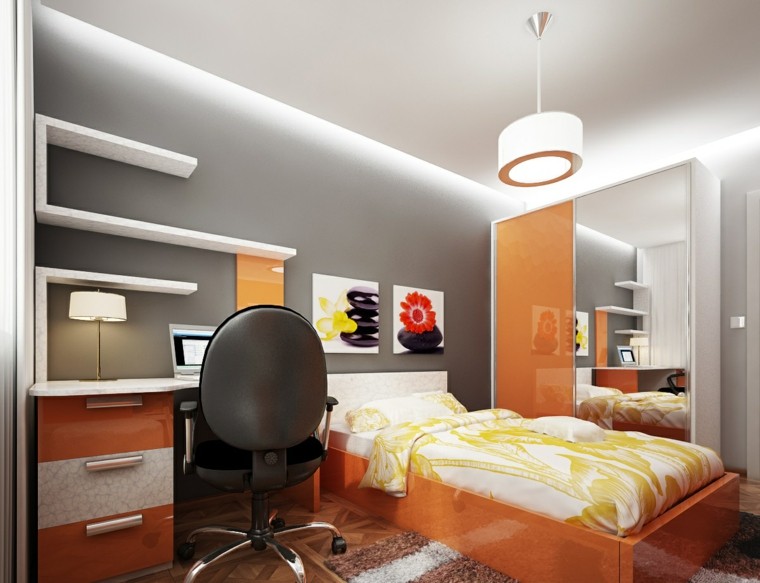 dormitorios juveniles chico original cama naranja armario espejo ideas