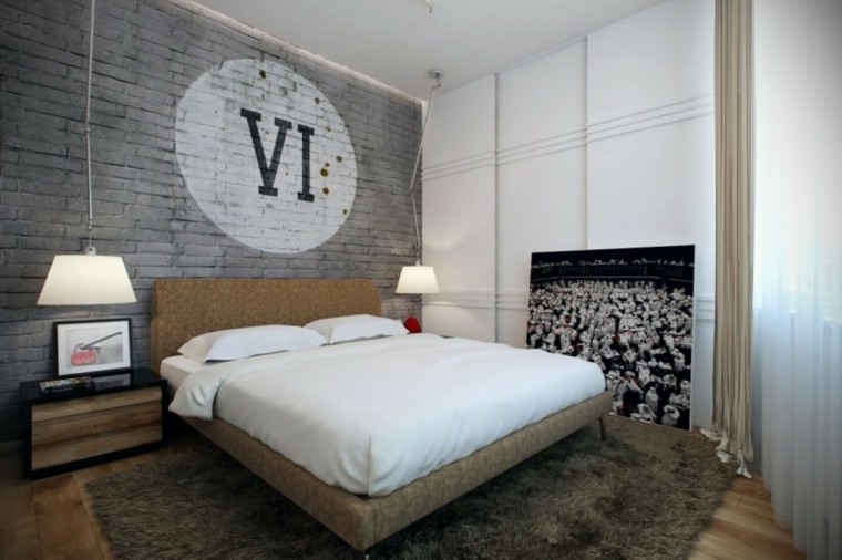 estilo dormitorio masculino moderno pared ladrillo ideas
