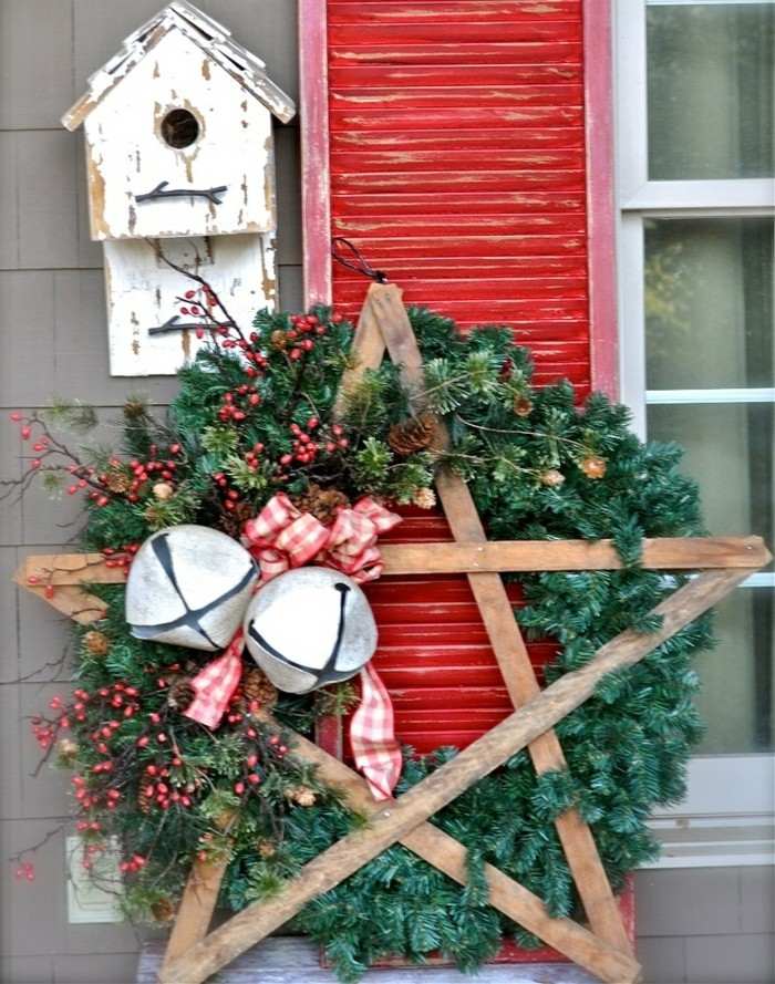 Christmas wreath with rustic wooden ornaments