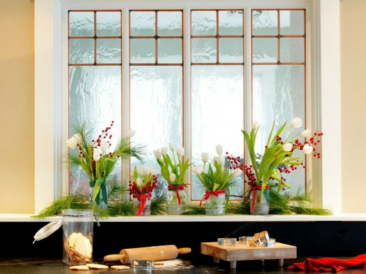 adornos navideños ventanas estilo plantas