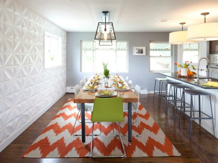comedor ideas elegir forma color alfombra naranja blanco moderno