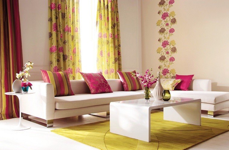 cortinas salon estampa flores rosa ideas