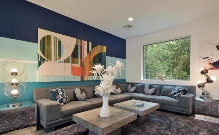 decoracion de interiores salones acogedores pared rayas azules ideas