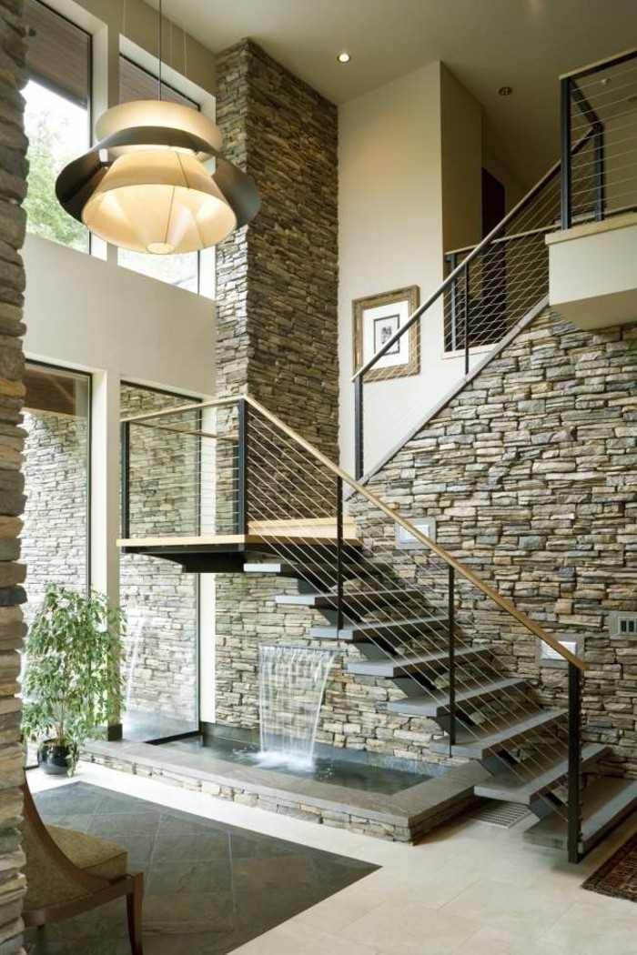 escaleras madera aluminio cristal casa pared piedra ideas