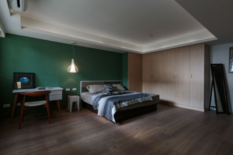 ideas decoración dormitorio color verde pared moderno