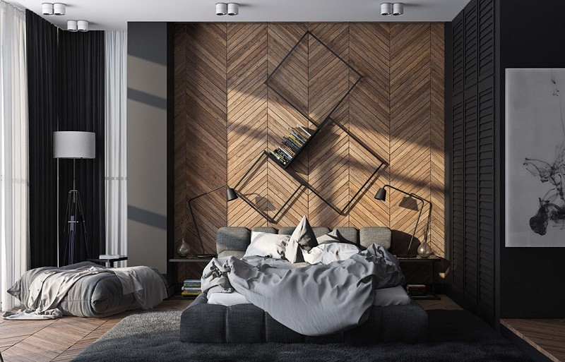 ideas decoración dormitorio estanterias acero negro moderno