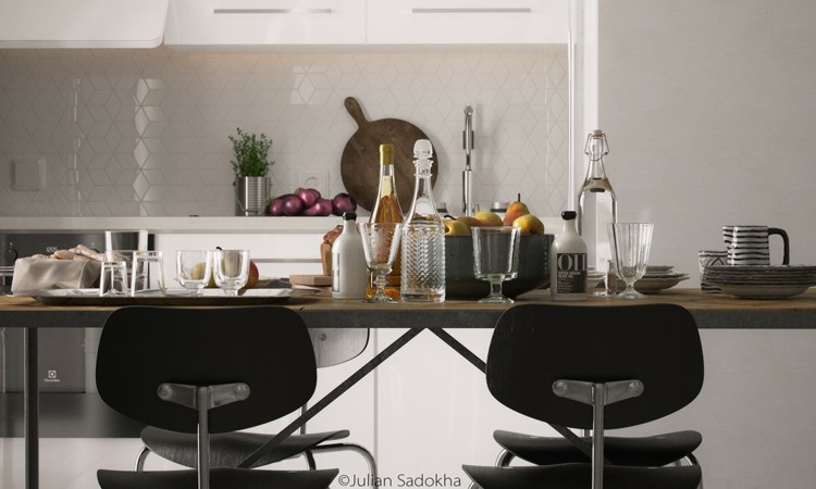 Interior fresco con detalles en gris, por Julián Sadokha.