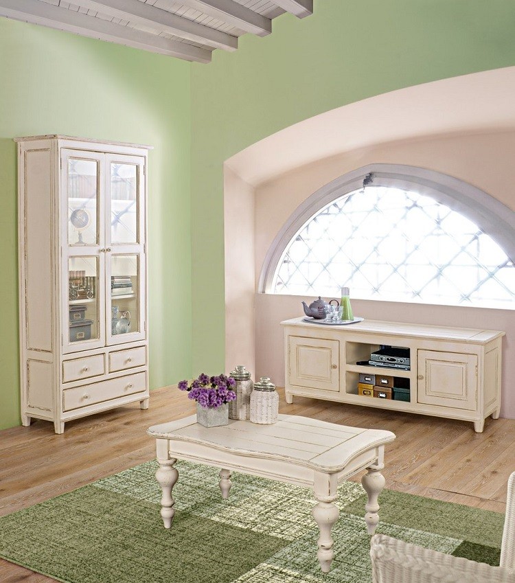 muebles salon estilo shabbi chic vintage armario alfombra verde ideas