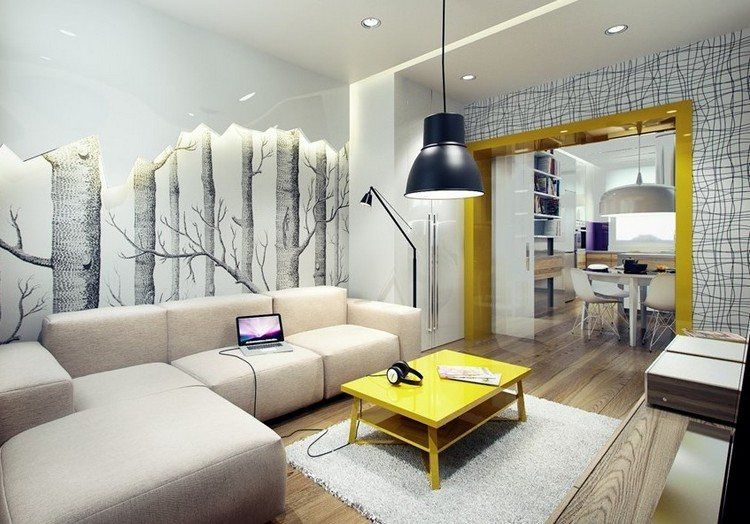 paredes diseño plantas amarillo sofa mesa