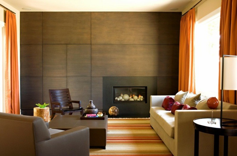 salon moderno paredes color marron laminas madera ideas