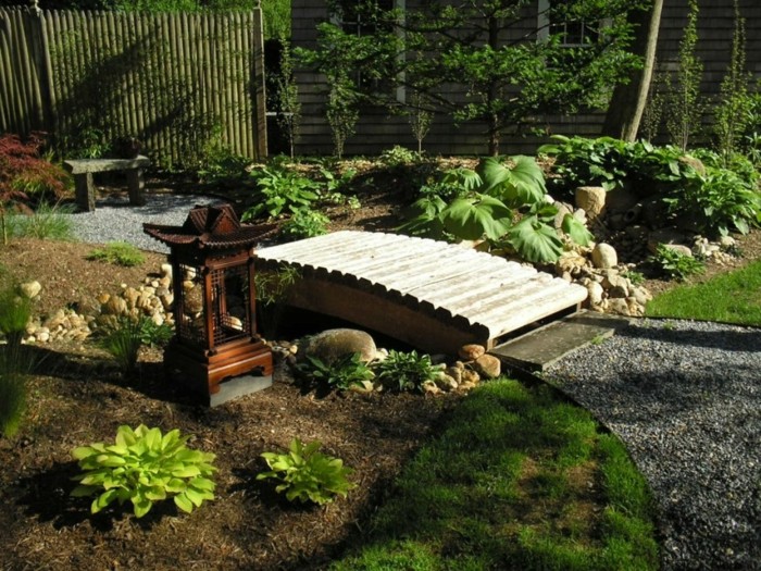adornos jardin puente madera banco ideas