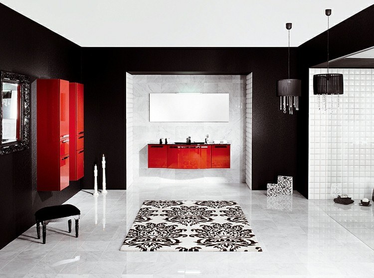 baños decoracion rojo negro alfombra