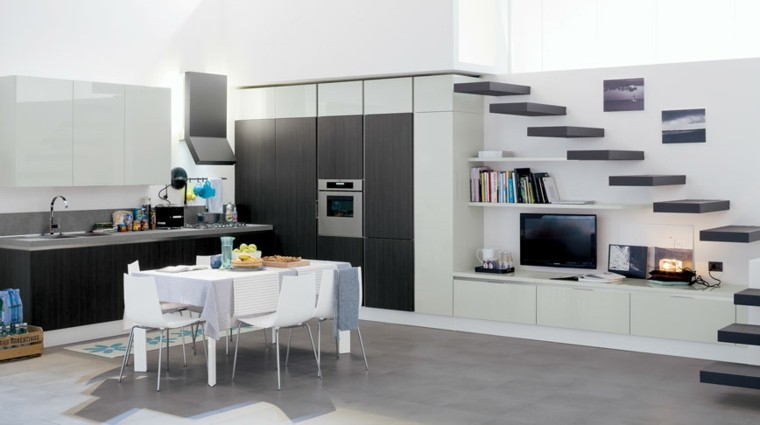 muebles de cocina empotrados en la pared cocina moderna loft escaleras negras ideas