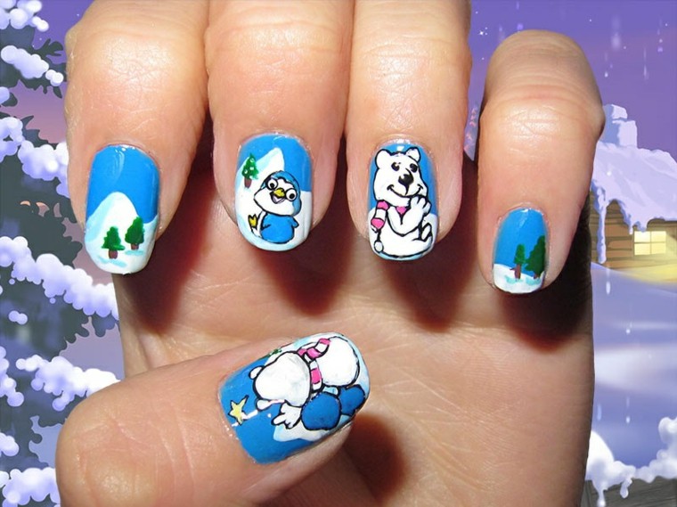 uñas modernas con estampa de oso y pinguino diseno unas navidenas pinguino oso ideas