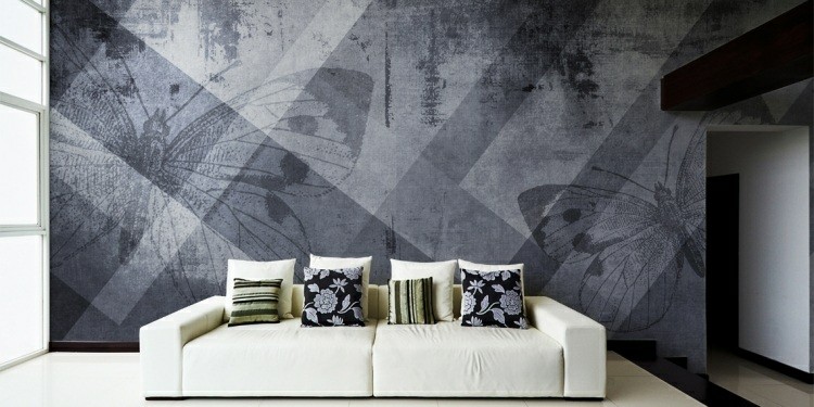 papel de pared diseño muebles grises cojines