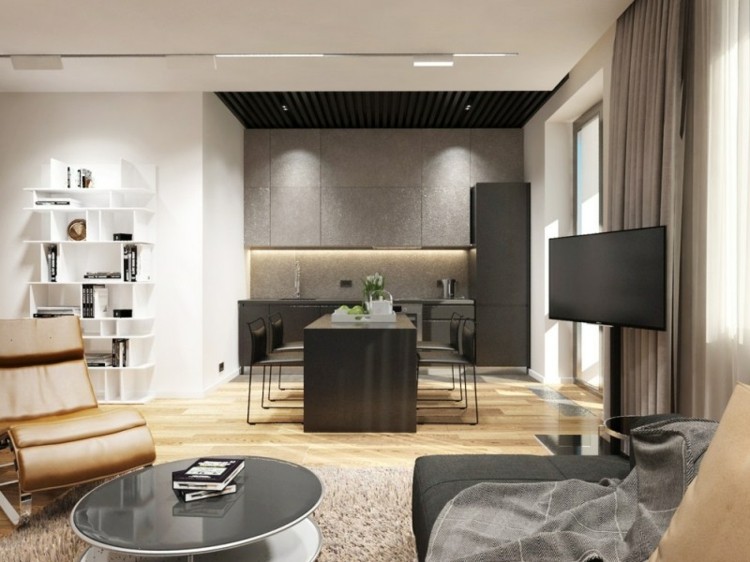 diseño de sala de estar con lámparas indirectas salon cocina comedor color gris