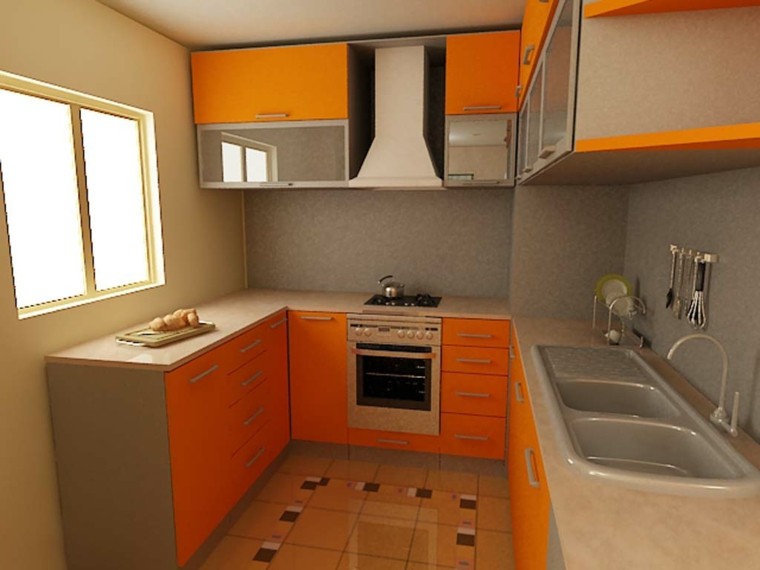 cocina pequeña muebles color naranja