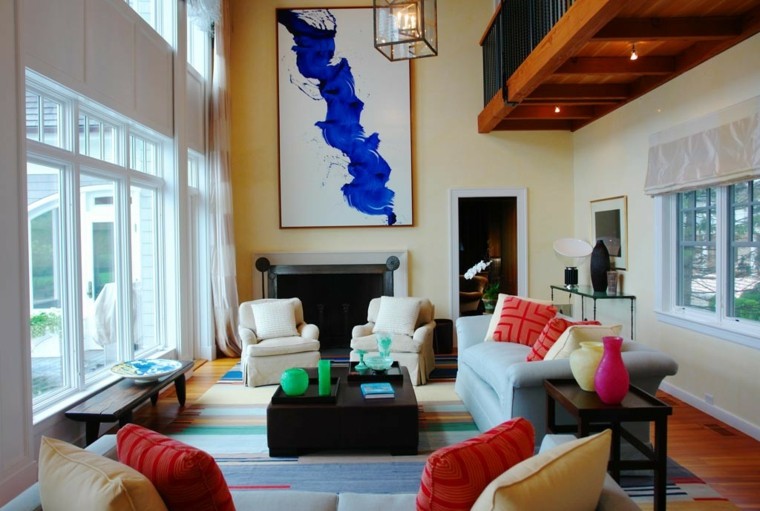 decoracion interiores salones cuadro azul cojines ideas
