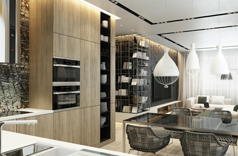 decoraciones de cocinas sencillas lamparas blancas muebles comedor ideas