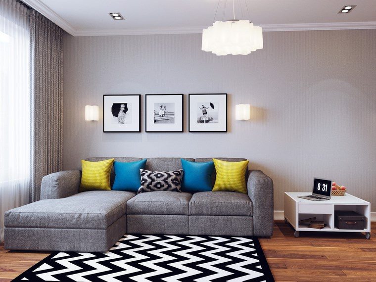 decorar salon pequeno moderno alfombra rayas blanco negro ideas