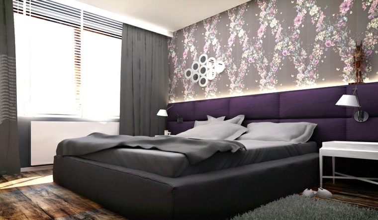 dormitorio matrimonio moderno papel pared estampa flores idea