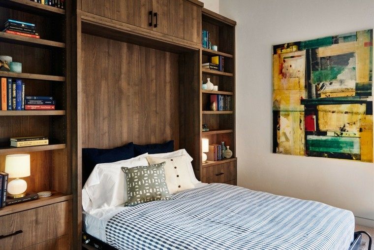 dormitorio matrimonio moderno pared estanterias madera ideas