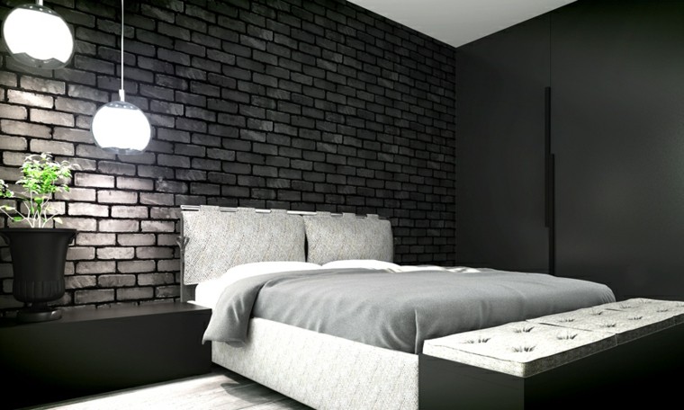 dormitorio matrimonio moderno pared ladrillo negro ideas