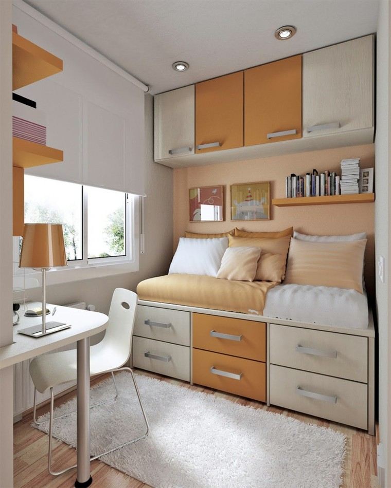 dormitorios pequeños color beige naranja