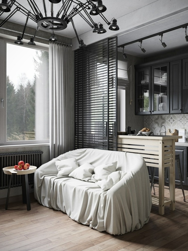 cocina y comedor grises casas blanco plantas estantes negro