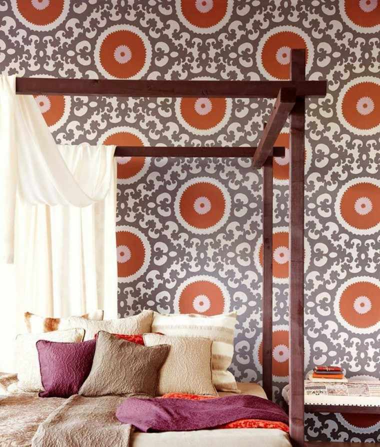 papel decorativo diseno vintage dormitorio cama dosel ideas