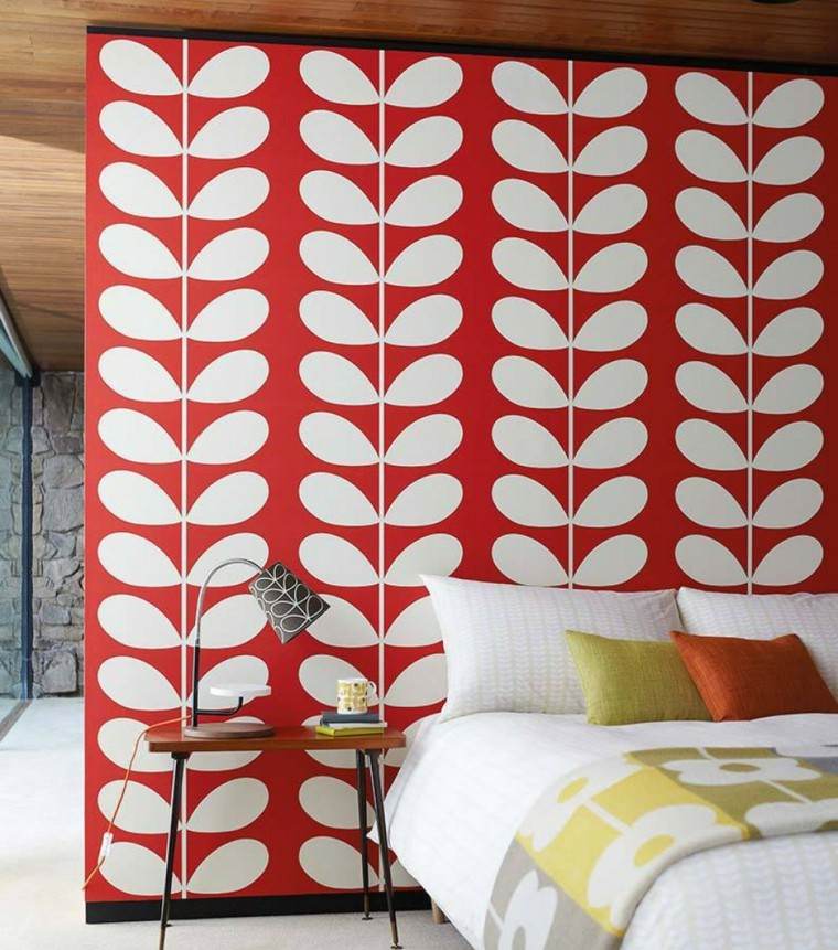 papel decorativo diseno vintage dormitorio rojo blanco ideas