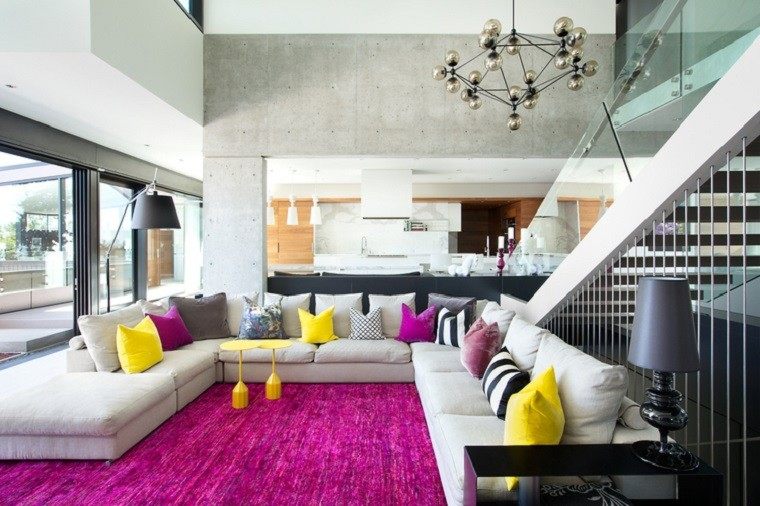 salon decorado modernos alfombra cojines colores ideas