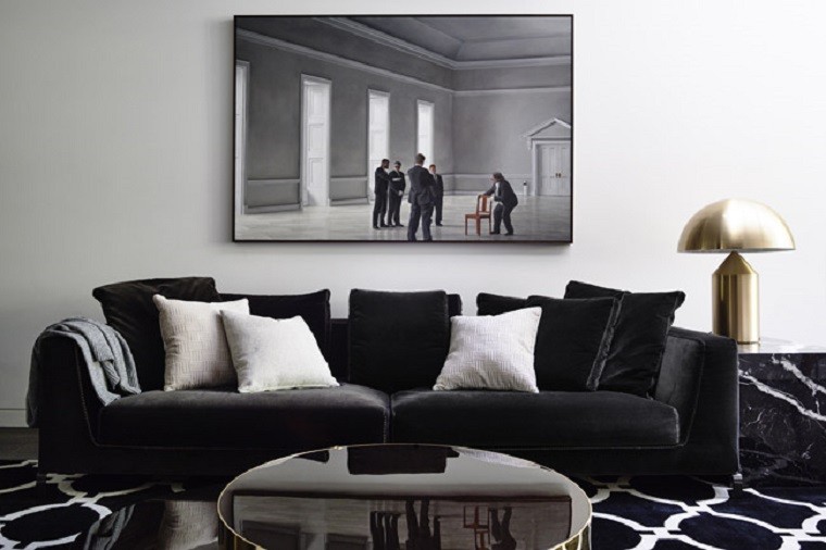 salones decorados modernos sofa alfombra negra ideas